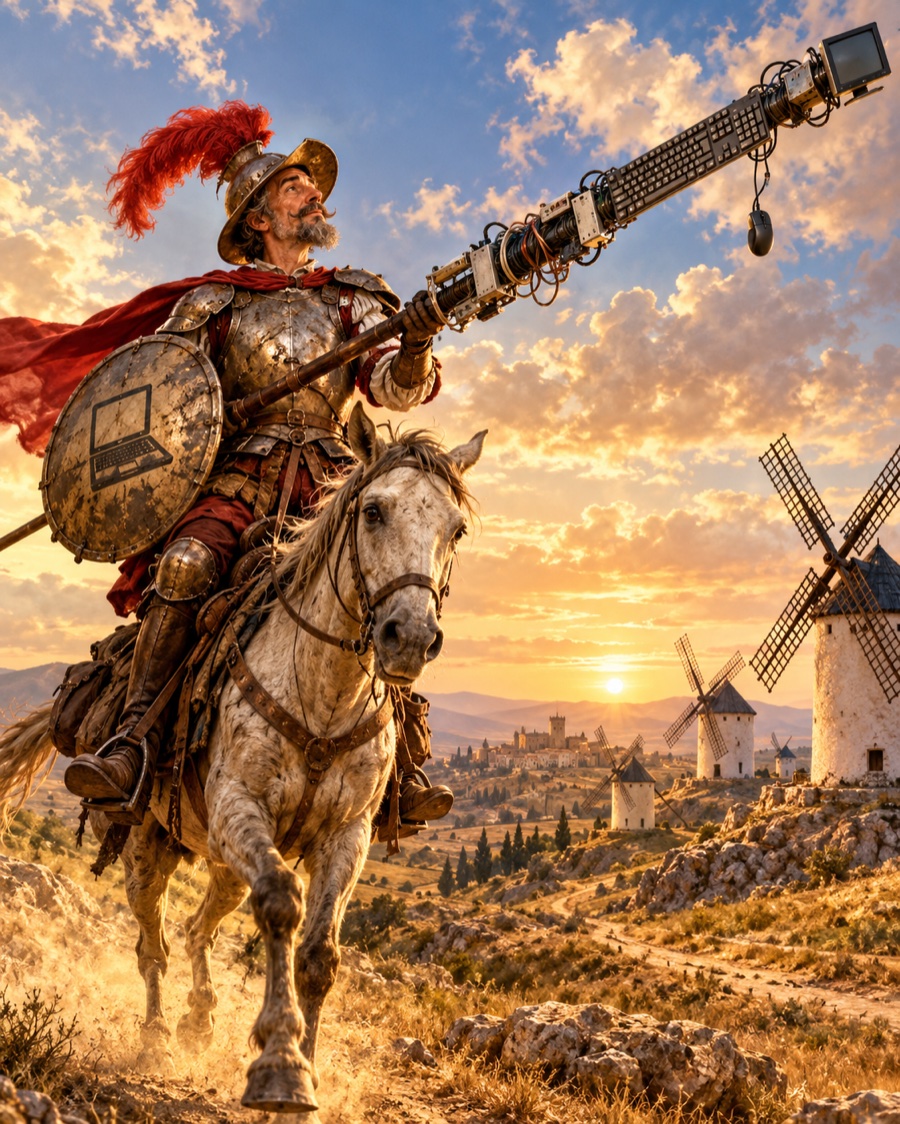 Techno-Quixote at golden hour: a knight on horseback tilting a keyboard lance at windmills